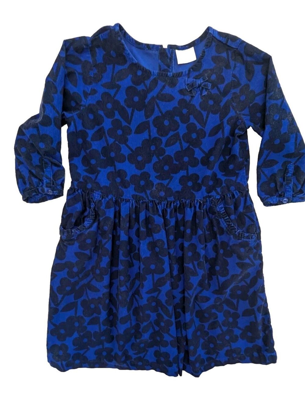 Hanna Andersson Floral Blue Black Corduroy 3/4 Sleeve Dress Size 150 Cm US 12